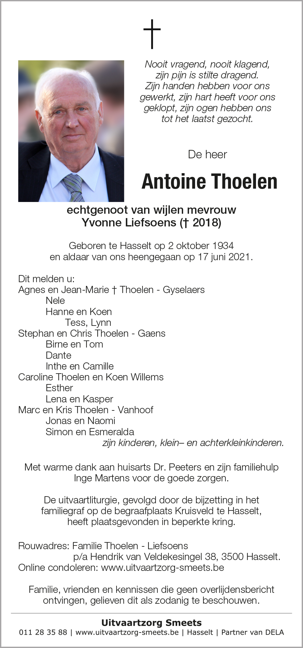 Overlijden Antoine Thoelen